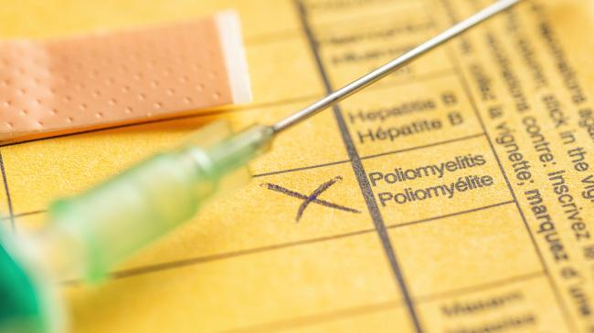 verweist auf: Welt-Polio-Tag 2025: Impfschutz prüfen – Polioviren bleiben eine globale Bedrohung Ausschnitt Impfpass mit Pflaster und Spritze