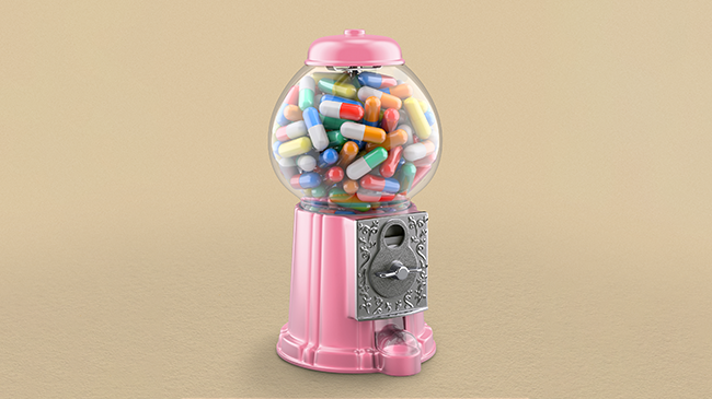 verweist auf: "Medikamente sind keine Bonbons" – Europäische Kampagne ruft dazu auf, rezeptfreie Arzneimittel verantwortungsvoll anzuwenden und stets die Packungsbeilage zu lesen Bonbon-Automat mit Medikamenten-Kapseln (Kampagnen-Motiv)