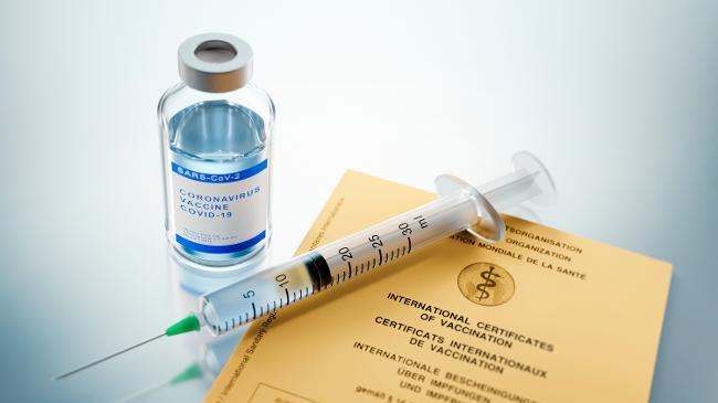 COVID-19-Impfstoff mit Impfausweis (Quelle: PeterSchreiberMedia/Shutterstock.com) (verweist auf: Impfnachweis im Sinne der COVID-19-Schutzmaßnahmen-Ausnahmenverordnung und der Coronavirus-Einreiseverordnung)