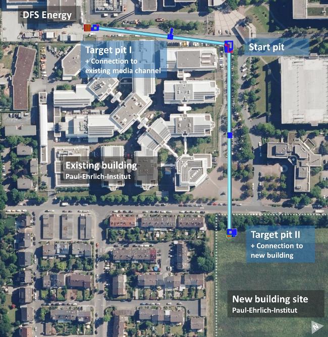 Media channel route from DFS Energy to the new building site of the Paul-Ehrlich-Institut. Media channel route from DFS Energy to the new building site of the Paul-Ehrlich-Institut.