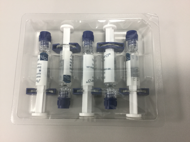 Blistered syringes 5x1 dose, packaging contains 2 blister packs with 5 syringes each